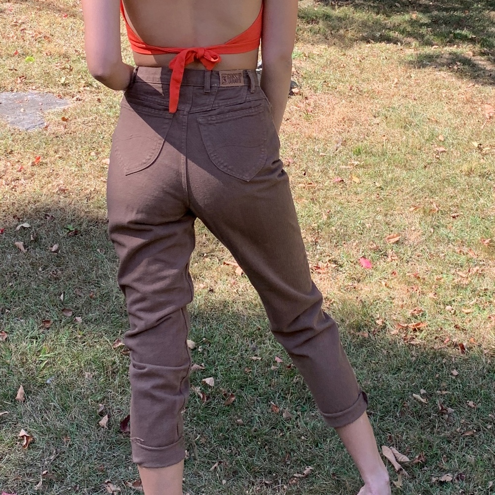 High Waist Raw Hem Brown Denim Jeans Retro Fringe